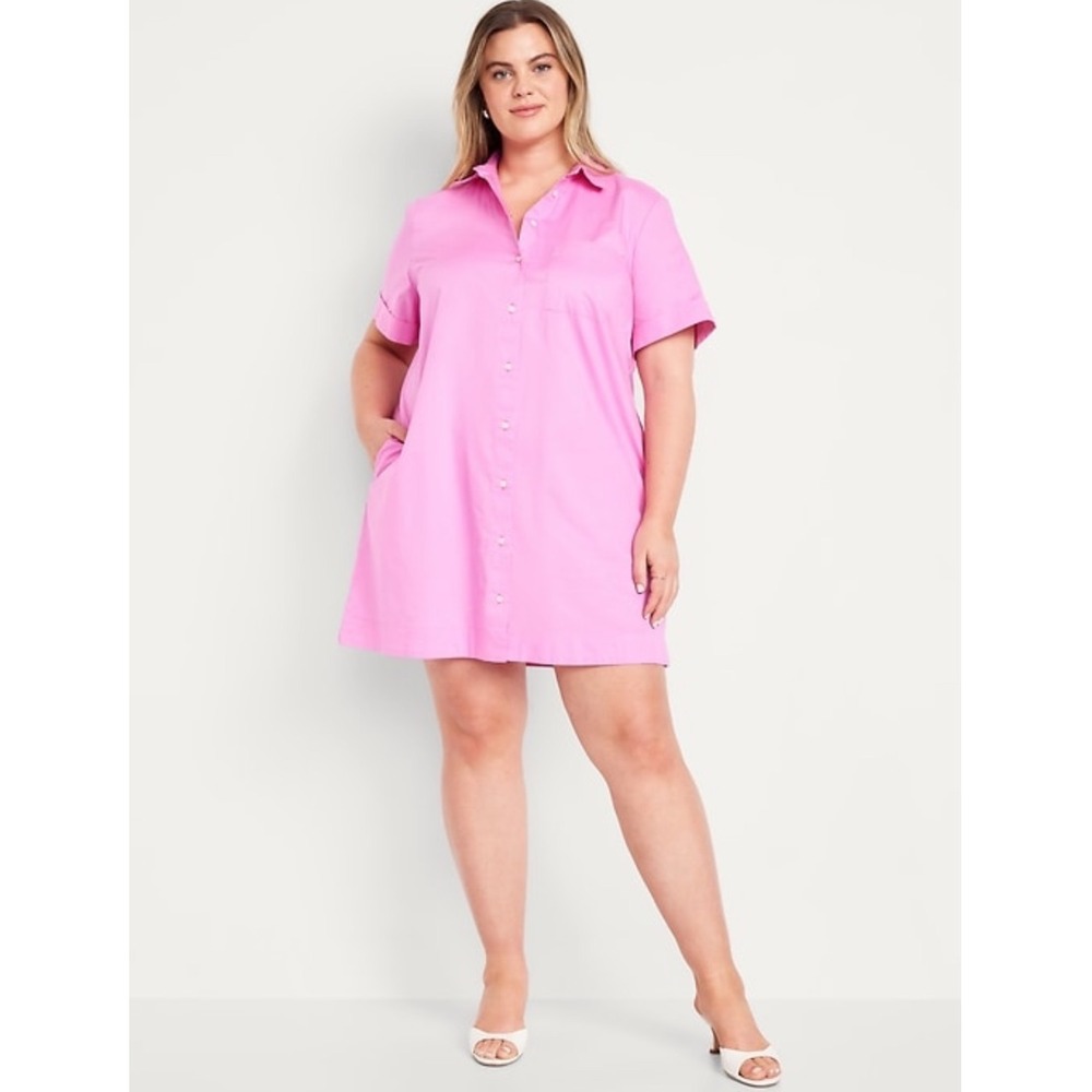 Old Navy Womens Shirt Dress 3X Vivid Begonia Pink Cotton Short Sleeve Pockets